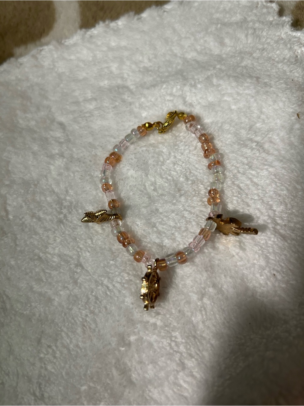 Gold Charm Beaded Bracelet in Peach and Iridescent Pink